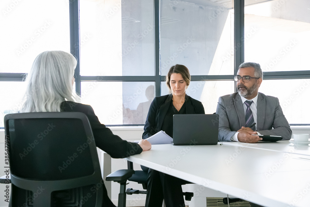 Serious company managers talking to job candidate at interview. Back view, copy space. Employment and career concept Serious company managers talking to job candidate at interview. Back view, copy space. Employment and career concept