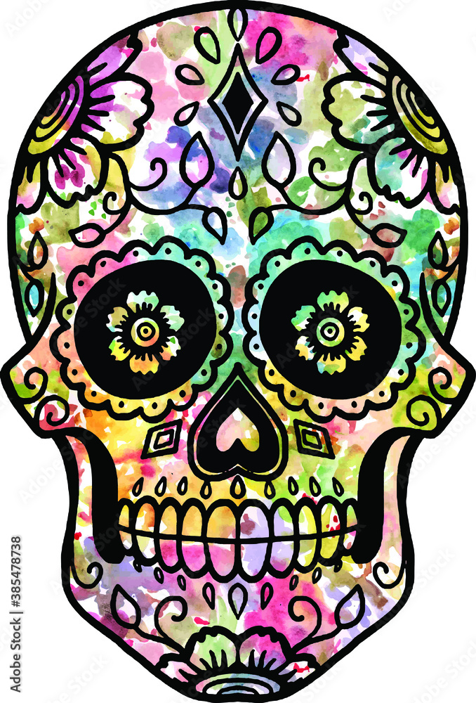 Fototapeta premium Halloween Watercolor Floral Skull on white background. Happy Halloween best for poster, card, invitation card. 