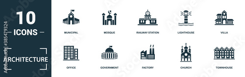 Architecture icon set. Monochrome sign collection with office, government, factory, church and over icons. Architecture elements set.