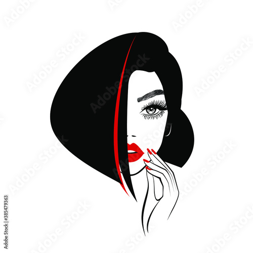 Beautiful woman face with red lips, lush eyelashes, hand with red manicure nails, black hair, stylish hairstyle. Beauty Logo. Nail and Lashes art studio. Wallpaper background. Vector illustration.