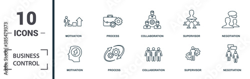 Business Control icon set. Monochrome sign collection with motivation, process, collaboration, supervisor and over icons. Business Control elements set.