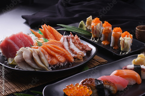 Sashimi Japanese food, Sashimi set. Salmon, wasabi, fish, shrimp.
