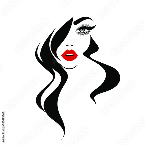 Beauty logo, beautiful woman face, sexy red lips, eyelash extensions, fashion woman, curly hairstyle, hair salon sign, icon. Wallpaper background. Vector illustration.