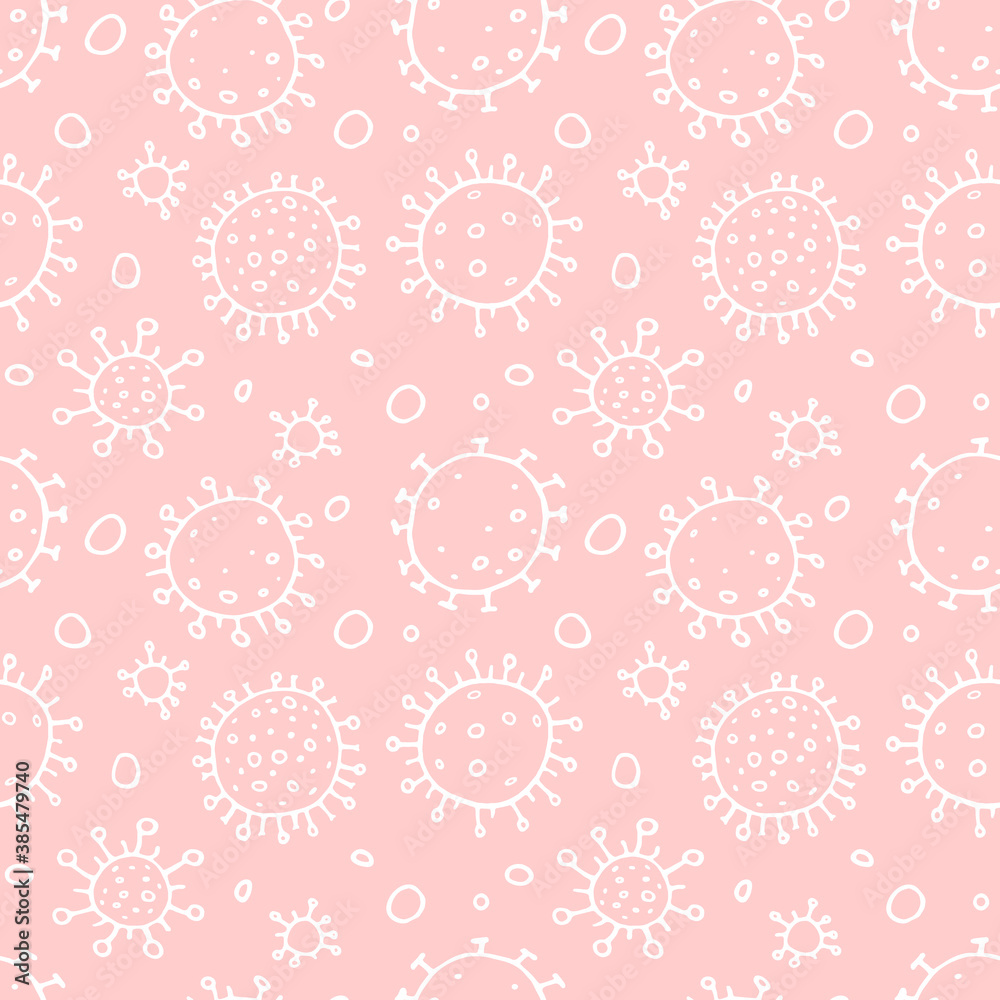 Seamless pattern of molecules, cells of virus, bacteria. Pandemic, epidemic covid-19. Concept of quarantine coronavirus, vaccination. Vector hand drawn background in outline doodle style isolated Seamless pattern of molecules, cells of virus, bacteria. Pandemic, epidemic covid-19. Concept of quarantine coronavirus, vaccination. Vector hand drawn background in outline doodle style isolated