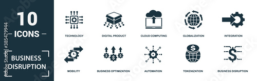 Business Disruption icon set. Monochrome sign collection with innovation, big data, change, digitization and over icons. Business Disruption elements set.