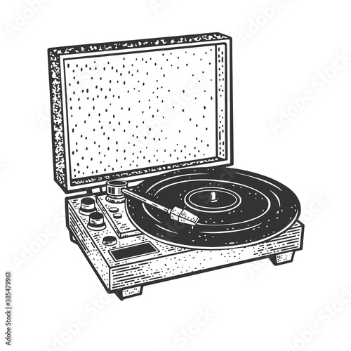Turntable Record player sketch engraving vector illustration. T-shirt apparel print design. Scratch board imitation. Black and white hand drawn image.