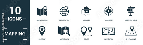 Mapping icon set. Monochrome sign collection with pinpoint, map search, route, navigator and over icons. Mapping elements set.