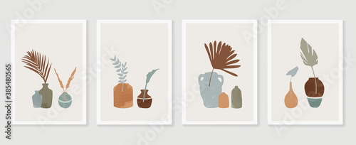 Botanical wall art vector set. Earth tone boho foliage line art drawing with  abstract shape.  Abstract Plant Art design for print, cover, wallpaper, Minimal and  natural wall art..