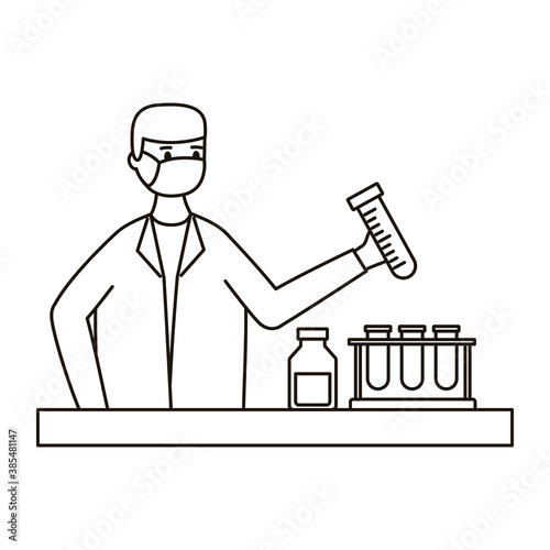 male doctor wearing medical mask woking in laboratory desk line style icon