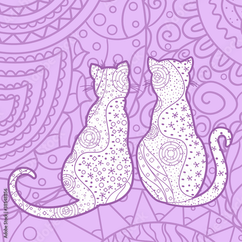 Square pattern. Zentangle. Hand drawn abstract cats. Design for spiritual relaxation for adults © mikabesfamilnaya
