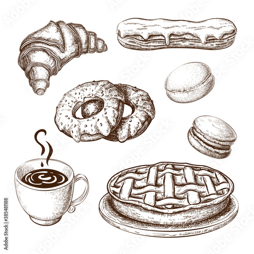 hand drawn pastries with coffee cup or tea isolated on white background in vintage engraved style. sketch of coffeecup, croissant, eclair, donuts, macaroons and apple pie, cake. breakfast illustration