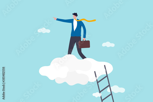 Career development, senior management position, leadership vision, success business strategy concept, confidence businessman leader climbing stair to high cloud to guide company to the right direction
