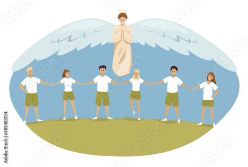 Protection, sport, education, support, religion, christianity concept. Angel biblical religious character protecting young happy teenagers schoolchildren athletes scouts. Divine help illustration.