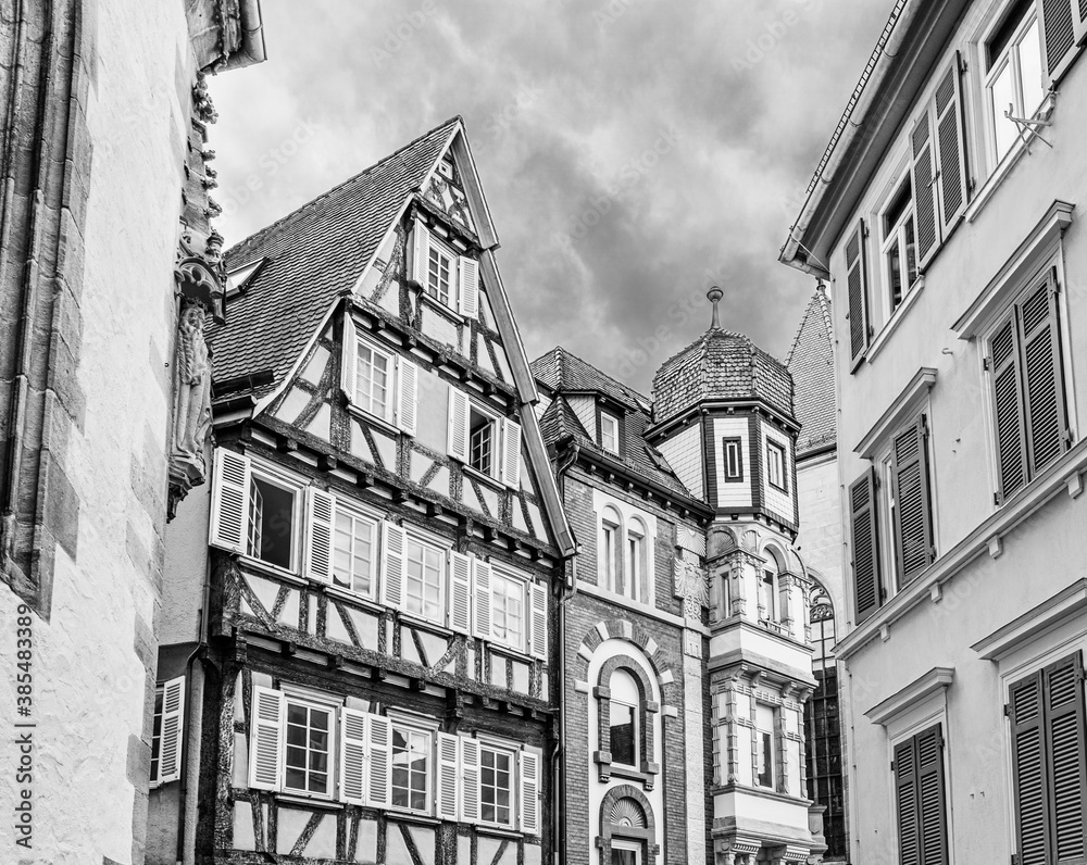 Black and white timbered buildings in the old town of Tübingen, Baden-Württemberg, Germany