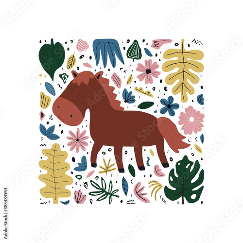 Vector banner with cute hand drawn horse, flowers and leaves. Childish texture for fabric, textile, apparel.