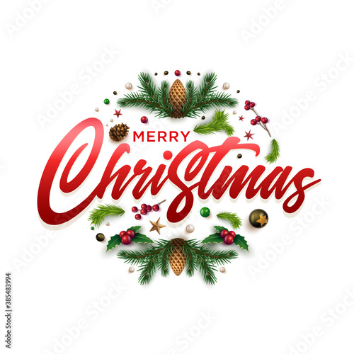 Christmas wreath design with festive Christmas decoration ornaments and objects.