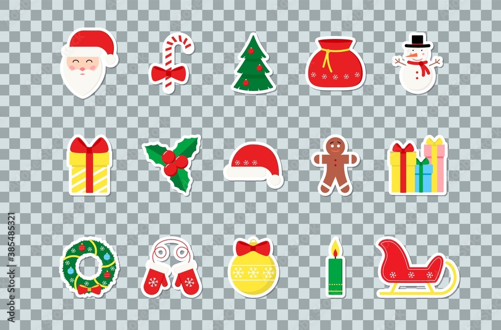 Vector stickers set for celebration of New year, Christmas, season holiday. Santa Claus, Xmas tree, mittens, candy cane, gift, snowman, Christmas star plant, ball, gingerbread, sleigh, white outline. Vector stickers set for celebration of New year, Christmas, season holiday. Santa Claus, Xmas tree, mittens, candy cane, gift, snowman, Christmas star plant, ball, gingerbread, sleigh, white outline.