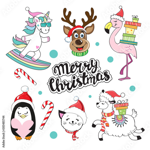 Christmas collection with funny animals on a white background isolated. Flamingo  Penguin  Christmas Deer  Llama and Unicorn