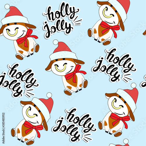 Funny cow in santa claus hat seamless pattern on blue background © Lucky Project