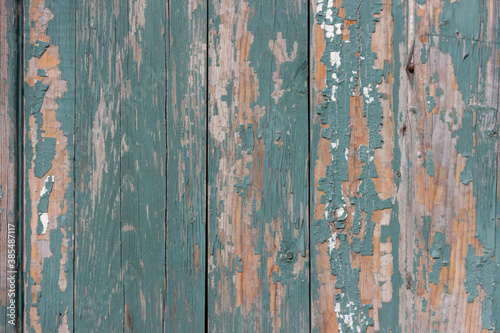 The surface of old wooden planks with peeling green paint. © Сергей Рамильцев