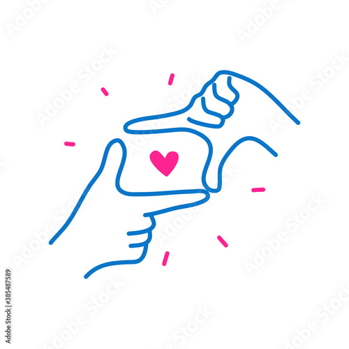 Hands symbol finger frame gesture with heart. Looking for love concept. Hand drawn doodle vector illustration.