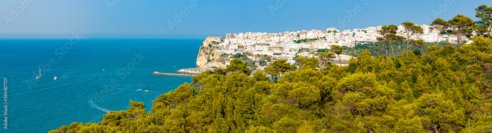 Panoramic sight of the famous Peschici in the Gargano national park. Apulia (Puglia), Italy.