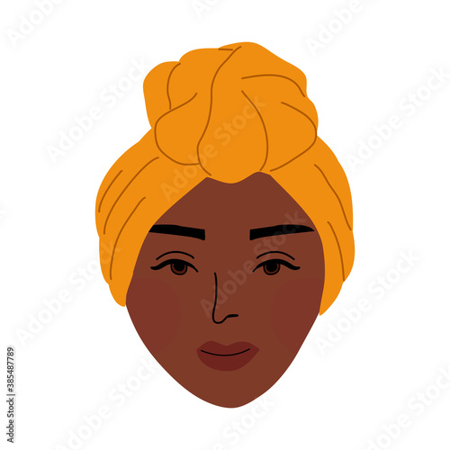 Head face Black woman wear headwrap turban hijab. Hand drawn vector illustration.
