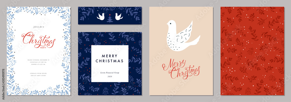 Fototapeta premium Merry Christmas and Happy Holidays cards with Dove, floral frames and backgrounds. Modern universal artistic templates. 