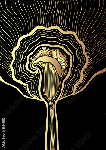 Decorative background with Abstract flower Calla in Zen tangle or Zen doodle style gold black  for package cosmetic perfume or  for decoration different things or flourish visited card