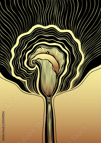 Decorative background with Abstract flower Calla in Zen tangle or Zen doodle style gold black  for package cosmetic perfume or  for decoration different things or flourish visited card
