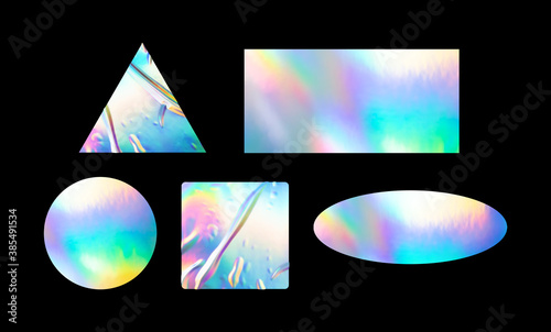 a variety of blank glued sticker shapes for design mockups. Holographic textured stickers for preview tags, labels, etc. photo
