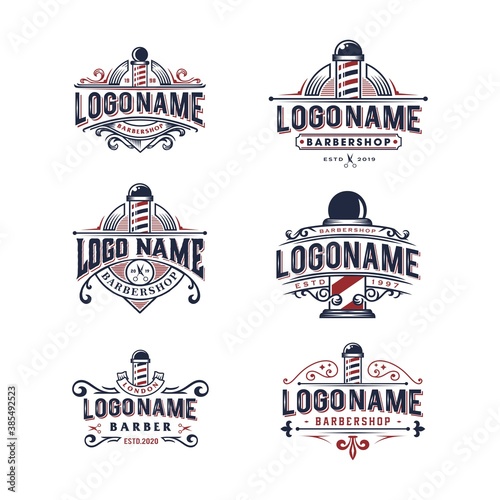 set of hipster barber logo design icon with pole, Red and blue navy Vintage retro classic Victorian style barbershop logo VECTOR collection
