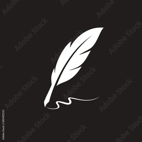 vintage Feather quill pen logo with ink stroke, scratch icon, classic stationery illustration isolated on black background