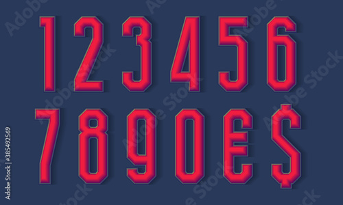 Perfect 3d numbers and currency signs with shadow. Volumetric display font.