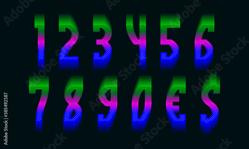 Spectral vibrant numbers and currency signs. Colorful display font.