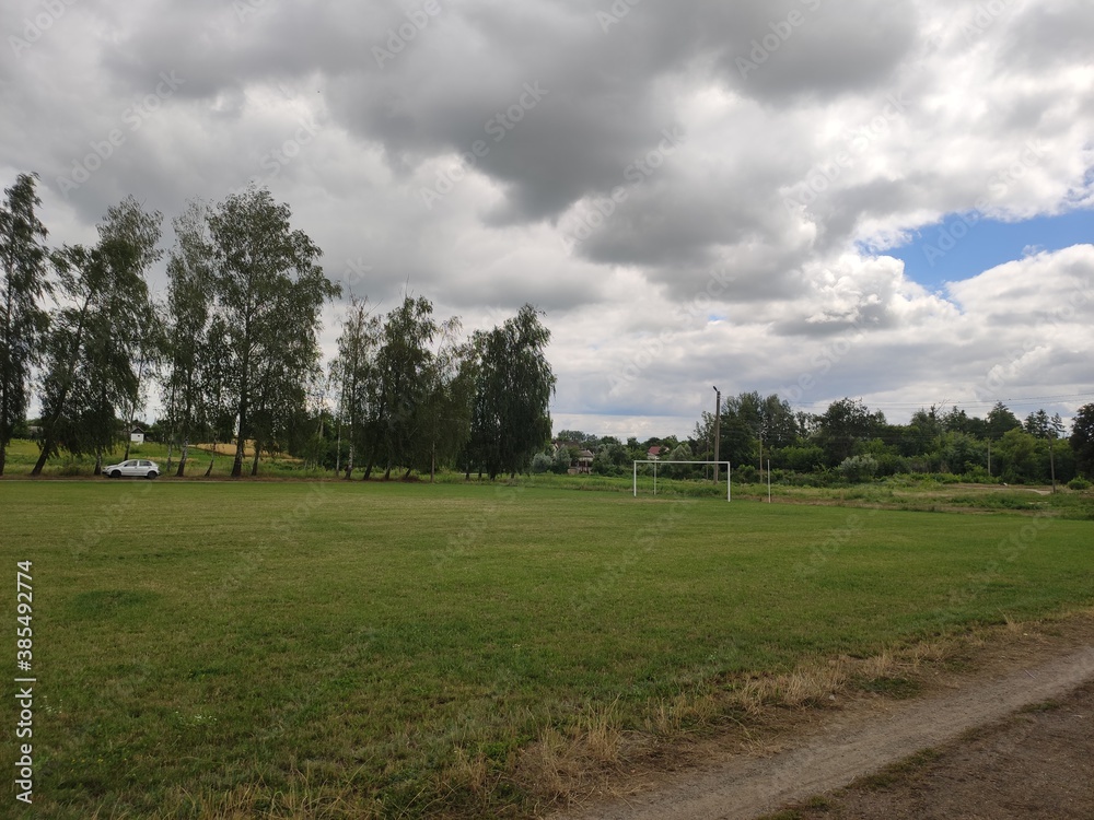 large soccer field with green grass in summer large soccer field with green grass in summer