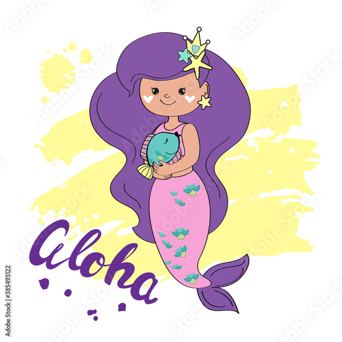 Beautiful vector illustration with a little mermaid and inscription aloha on a white background for children. Birthday card for girl