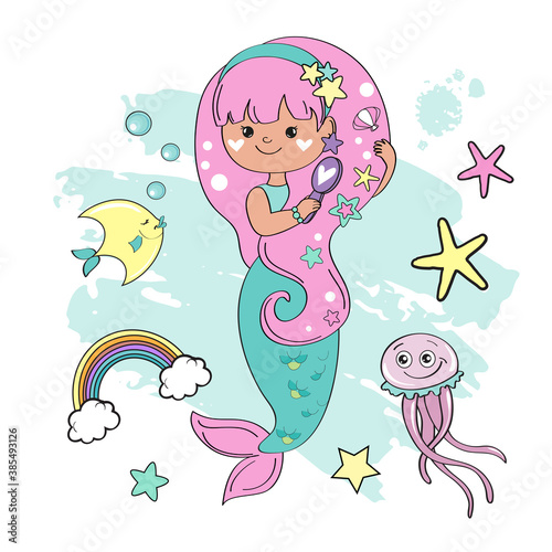 Beautiful vector illustration with a little mermaid on a white background for children
