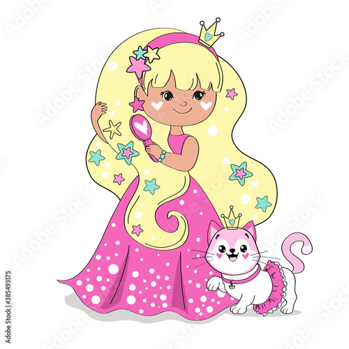 Beautiful vector illustration with a little princess in a raspberry dress combing her hair and white girl cat on a white background