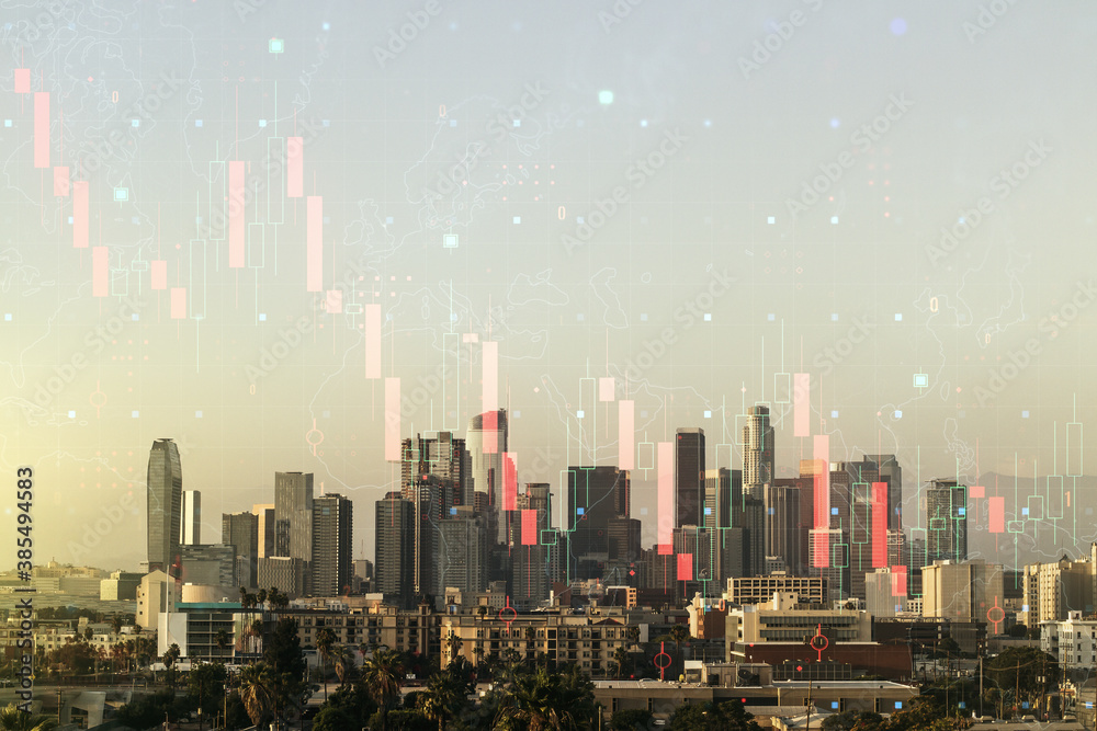 Abstract virtual crisis chart illustration on Los Angeles skyline background. Global crisis and bankruptcy concept. Multiexposure