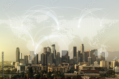 Double exposure of abstract digital world map hologram with connections on Los Angeles city skyscrapers background, research and strategy concept © Pixels Hunter