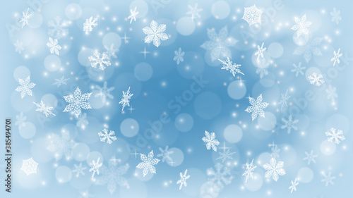 Winter banner design. cold white snowflakes in blue background design. sparkling transparent ice crystal snowflakes.