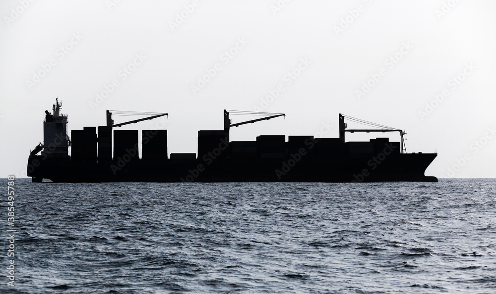 Container ship goes on sea. Blue toned silhouette