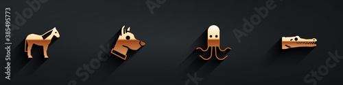 Set Horse, Dog head, Octopus and Crocodile icon with long shadow. Vector.