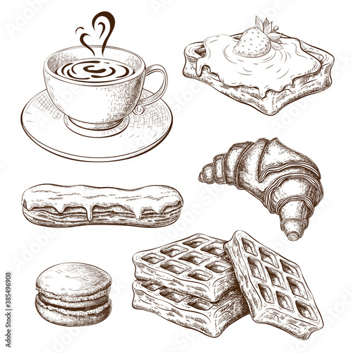 coffee with croissant, pastries, sweet desserts. breakfast icon set. drawn sweet pastries with cup of coffee isolated on white. vintage sketch of croissant, eclair, waffers, macaroon. french cuisine.