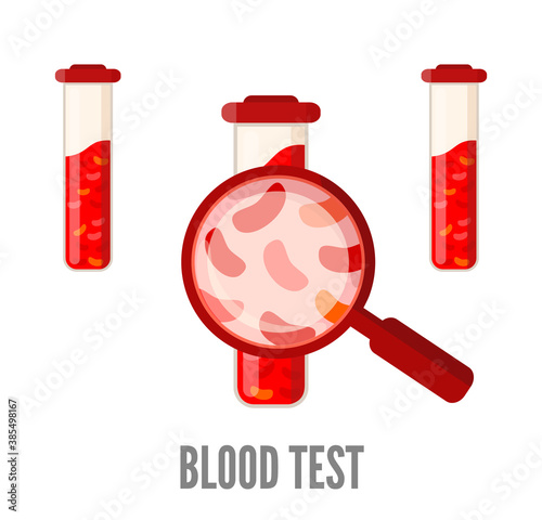 Medical blood test. a medical tube with red blood cells and a magnifying glass. Vector illustration, flat style. Isolated on white background.