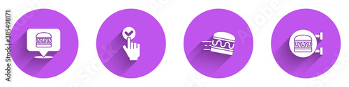 Set Online ordering burger delivery, and, and icon with long shadow. Vector.