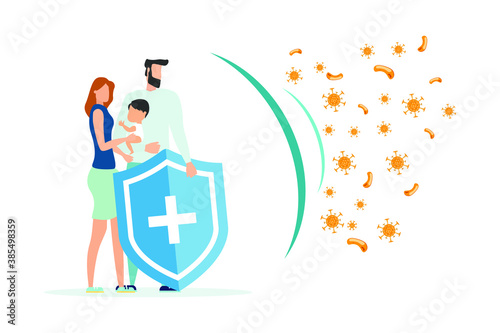 Immune system vector logo icon. Protection against bacteria, health viruses. A healthy family is behind the shield, and the shield repels the attack of bacteria. Boost immunity using medicine concept 