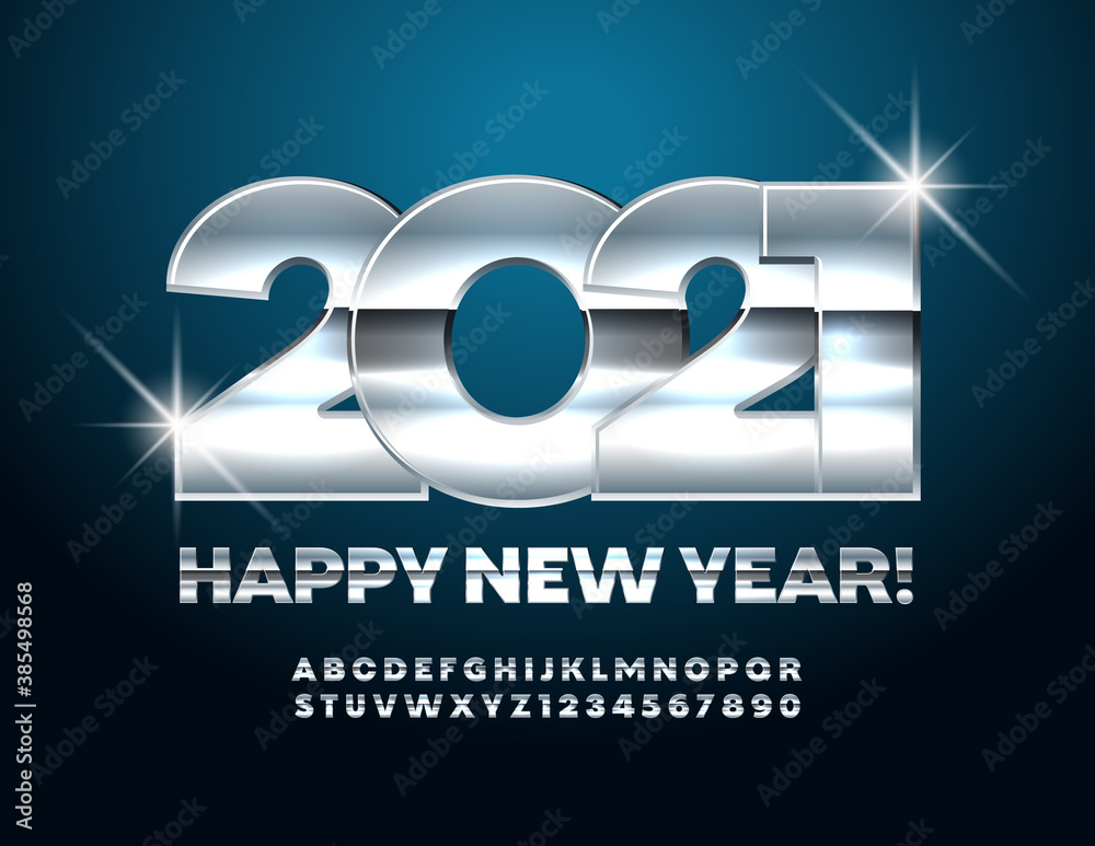 Vector greeting card Happy New Year 2021! Stylish Silver Font. Glossy metallic Alphabet Letters and Numbers set
