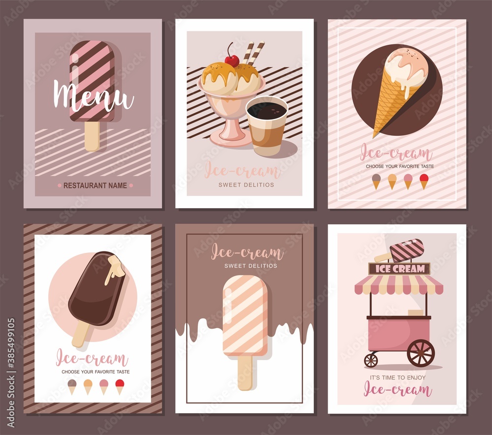 Ice cream shop cards. Sweet food desserts. Set of flyer collection, banner shop, dessert.